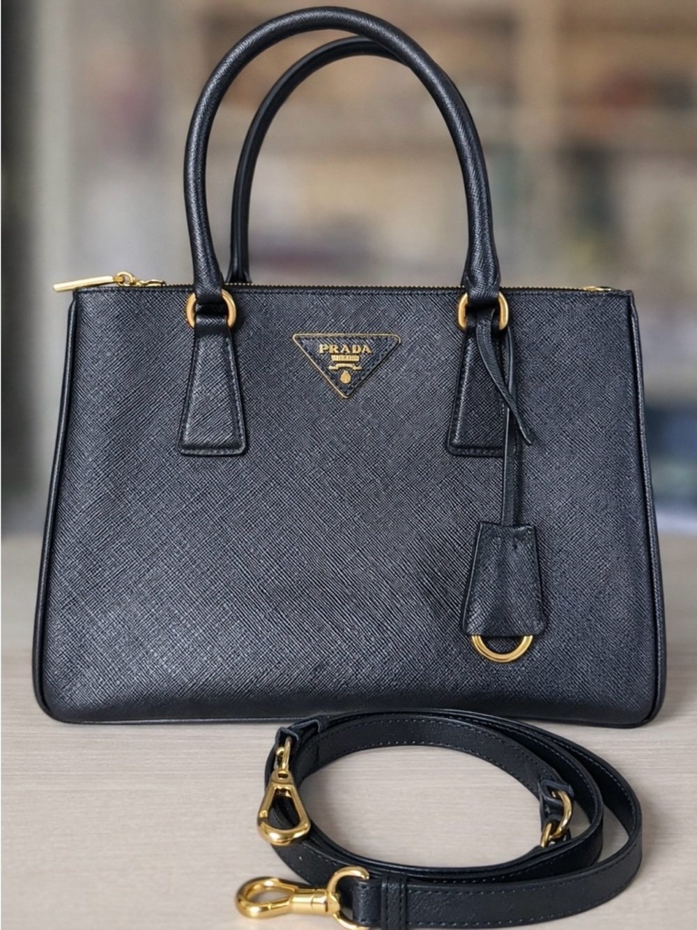 Prada Black Saffiano Leather Satchel with Gold Hardware